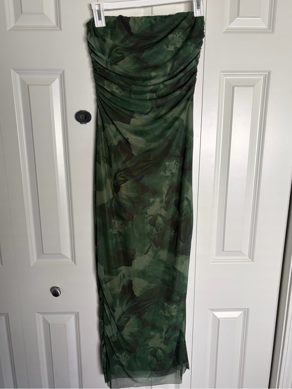 Green strapless dress.